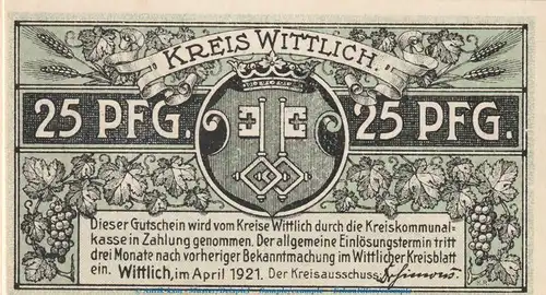 Wittlich , Notgeld 25 Pfennig -blau- unc-kfr. Ti.8030.10.25 , Rheinland 1921 Verkehrsausgabe