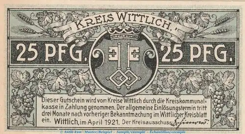 Notgeld Kreis Wittlich 25 Pfennig Schein -blau- in kfr. Tieste 8030.10.25 von 1921 , Rheinland Verkehrsausgabe