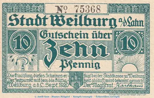 Notgeld Stadt Weilburg , 10 Pfennig Schein in kfr. Tieste 7770.05.25 von 1920 , Hessen Verkehrsausgabe