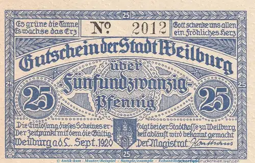 Notgeld Stadt Weilburg , 25 Pfennig Schein in kfr. Tieste 7770.05.26 von 1920 , Hessen Verkehrsausgabe