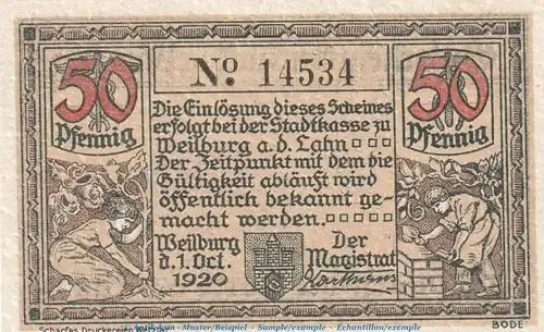 Notgeld Stadt Weilburg , 50 Pfennig Schein in kfr. Tieste 7770.05.30 von 1920 , Hessen Verkehrsausgabe