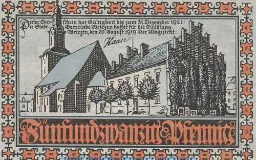 Notgeld Stadt Wriezen , 25 Pfennig Schein in kfr. Tieste 8115.05.05 von 1919 , Brandenburg Verkehrsausgabe