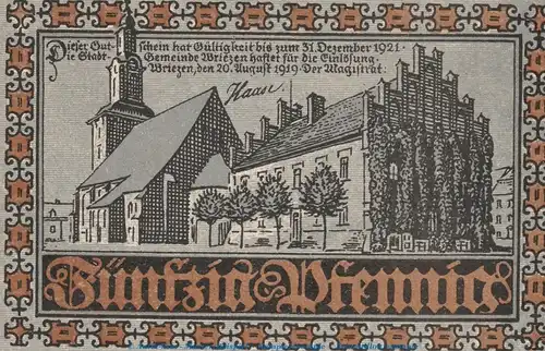 Notgeld Stadt Wriezen , 50 Pfennig Schein in kfr. Tieste 8115.05.06 von 1919 , Brandenburg Verkehrsausgabe