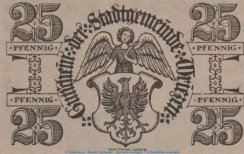 Notgeld Stadt Wriezen , 25 Pfennig Schein in kfr. Tieste 8115.05.10 von 1919 , Brandenburg Verkehrsausgabe