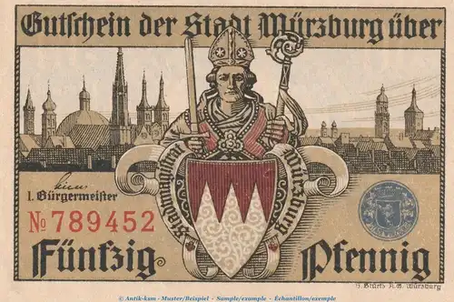Notgeld Stadt Würzburg , 50 Pfennig Schein in kfr. Tieste 8130.05.20-25 o.D. Bayern Verkehrsausgabe