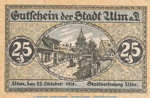 Notgeld Stadt Ulm , 25 Pfennig Schein in kfr. Tieste 7520.10.01 von 1918 , Württemberg Verkehrsausgabe