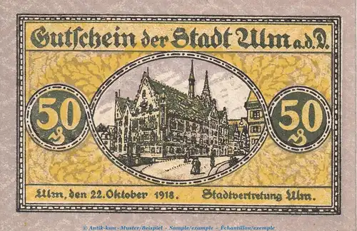 Notgeld Stadt Ulm , 50 Pfennig Schein in kfr. Tieste 7520.10.06 von 1918 , Württemberg Verkehrsausgabe