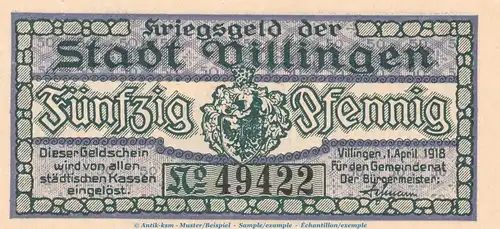 Notgeld Stadt Villingen , 50 Pfennig Schein in kfr. Tieste 7600.05.01 von 1918 , Baden Verkehrsausgabe