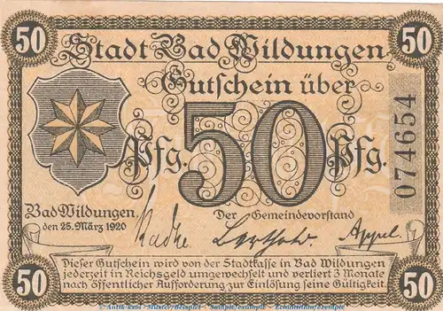 Notgeld Stadt Bad Wildungen , 50 Pfennig Schein in kfr. Tieste 7935.05.22 von 1920 , Hessen Verkehrsausgabe