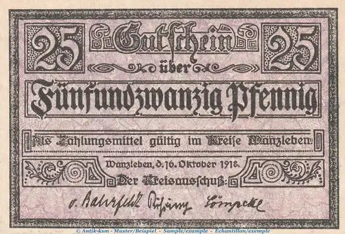 Notgeld Kreis Wanzleben , 25 Pfennig Schein in kfr. Tieste 7710.05.07 von 1918 , Sachsen Anhalt Verkehrsausgabe