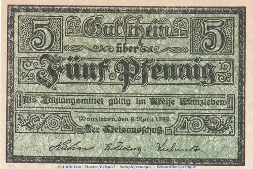 Notgeld Stadt Wanzleben , 5 Pfennig Schein in kfr. Tieste 7710.05.10 von 1920 , Sachsen Anhalt Verkehrsausgabe