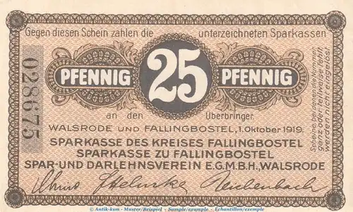 Notgeld Sparkasse Walsrode , 25 Pfennig Schein in kfr. Tieste 7680.05.10 von 1919 , Niedersachsen Verkehrsausgabe