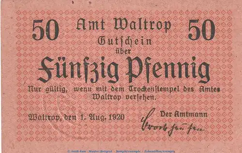 Notgeld Amt Waltrop , 50 Pfennig Schein in kfr. Tieste 7690.05.15 von 1920 , Westfalen Verkehrsausgabe