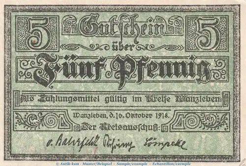 Notgeld Stadt Wanzleben , 5 Pfennig Schein in kfr. Tieste 7710.05.05 von 1918 , Sachsen Anhalt Verkehrsausgabe