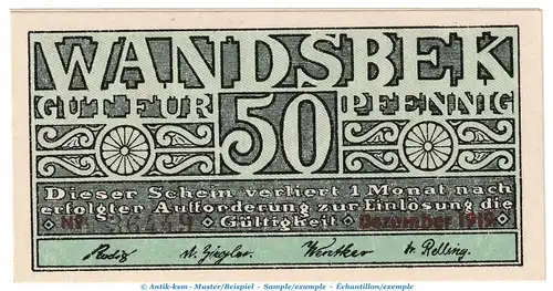 Notgeld Stadt Wandsbek , 50 Pfennig Schein in kfr. Tieste 7695.10.10 von 1919 , Schleswig Holstein Verkehrsausgabe