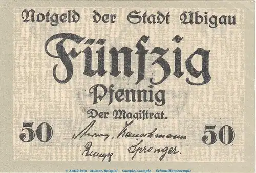 Notgeld Stadt Übigau , 50 Pfennig Schein in kfr. Tieste 7495.05.05 o.D. Sachsen Verkehrsausgabe