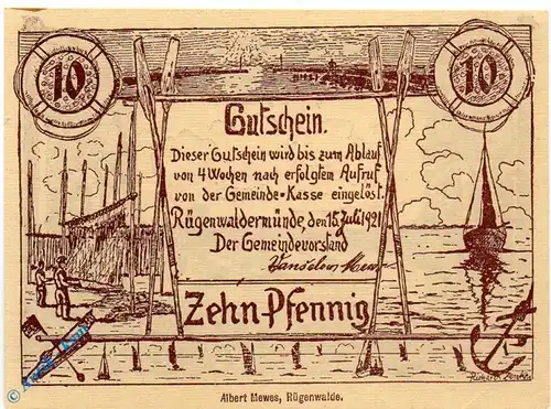 Notgeld Rügenwaldermünde , 10 Pfennig Schein , Mehl Grabowski 1149.1 , von 1921 , Pommern Seriennotgeld