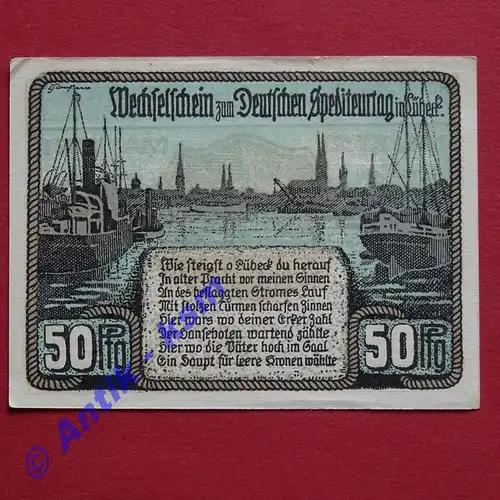 Notgeld Spediteurtag Lübeck 822.1 , 50 Pfennig Schein Nr.1 in kfr. von 1921 , Schleswig Holstein Seriennotgeld