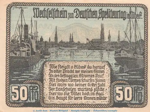 Notgeld Spediteurtag Lübeck 822.1 , 50 Pfennig Schein Nr.1 in kfr. von 1921 , Schleswig Holstein Seriennotgeld