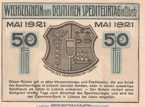 Notgeld Spediteurtag Lübeck 822.1 , 50 Pfennig Schein Nr.1 in kfr. von 1921 , Schleswig Holstein Seriennotgeld