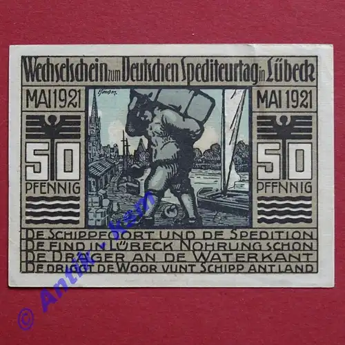 Notgeld Spediteurtag Lübeck 822.1 , 50 Pfennig Schein Nr.3 in kfr. von 1921 , Schleswig Holstein Seriennotgeld