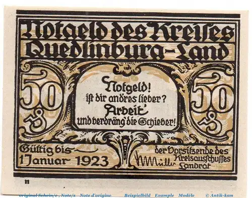 Notgeld Kreis Quedlinburg 1089.1.a , 50 Pfennig Schein - N - o.D. Sachsen Anhalt Seriennotgeld