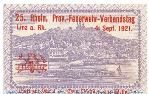 Notgeld Feuerwehr Stadt Linz 804.1 , 25 Pfennig mit Überdruck in kfr. von 1921 , Rheinland Pfalz Seriennotgeld