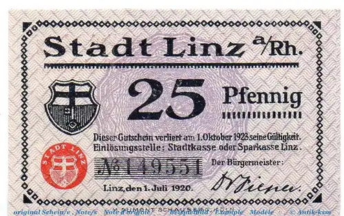 Notgeld Feuerwehr Stadt Linz 804.1 , 25 Pfennig mit Überdruck in kfr. von 1921 , Rheinland Pfalz Seriennotgeld