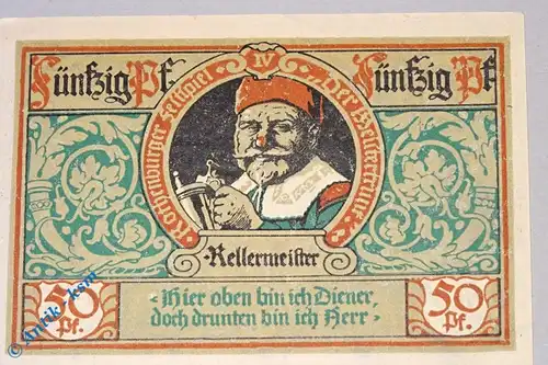Notgeld Rothenburg , Einzelschein über 50 Pfennig rot Kellermeister , Mehl Grabowski 1142.3 , von 1921 , Bayern Seriennotgeld