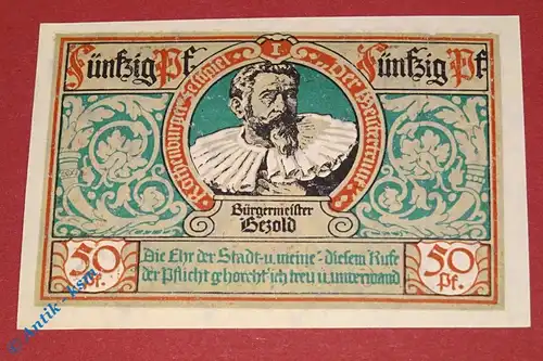 Notgeld Rothenburg , Einzelschein über 50 Pfennig rot Bezold Halbprofil , Mehl Grabowski 1142.3 , von 1921 , Bayern Seriennotgeld