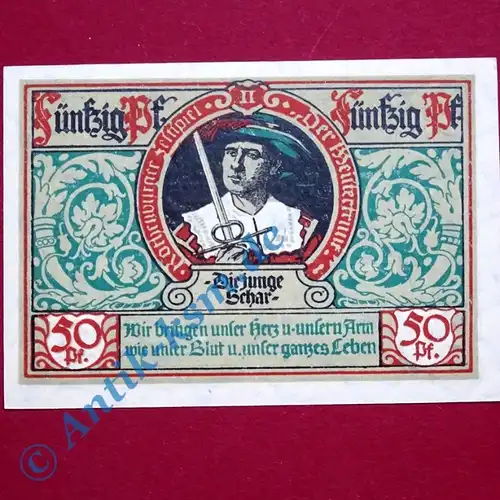 Notgeld Rothenburg , Einzelschein über 50 Pfennig rot die junge Schar , Mehl Grabowski 1142.3 , von 1921 , Bayern Seriennotgeld