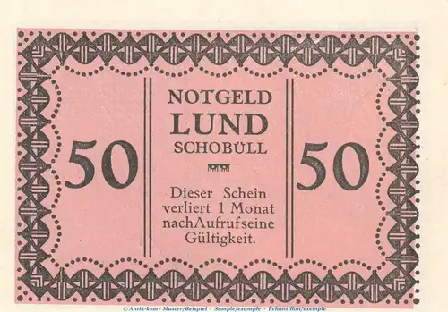 Notgeld Gemeinde Lund-Schobüll 844.1.b , 50 Pfennig -altrosa- in kfr. o.D. Schleswig Holstein Seriennotgeld