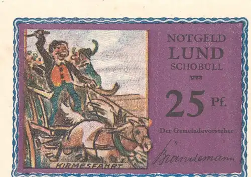 Notgeld Gemeinde Lund-Schobüll 844.1.b , 25 Pfennig -altrosa- in kfr. o.D. Schleswig Holstein Seriennotgeld