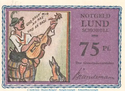 Notgeld Gemeinde Lund-Schobüll 844.1.b , 75 Pfennig -altrosa- in kfr. o.D. Schleswig Holstein Seriennotgeld