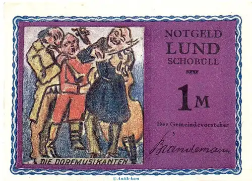 Notgeld Lund - Schobüll 844.1.b , 1 Mark Schein -altrosa- in kfr. o.D. Schleswig Holstein Seriennotgeld