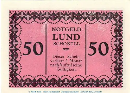 Notgeld Lund - Schobüll 844.2.b , 50 Pfennig Schein -violettrosa- in kfr. o.D. Schleswig Holstein Seriennotgeld