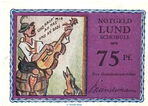 Notgeld Lund - Schobüll 844.2.b , 75 Pfennig Schein -violettrosa- in kfr. o.D. Schleswig Holstein Seriennotgeld