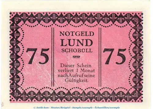 Notgeld Lund - Schobüll 844.2.b , 75 Pfennig Schein -violettrosa- in kfr. o.D. Schleswig Holstein Seriennotgeld