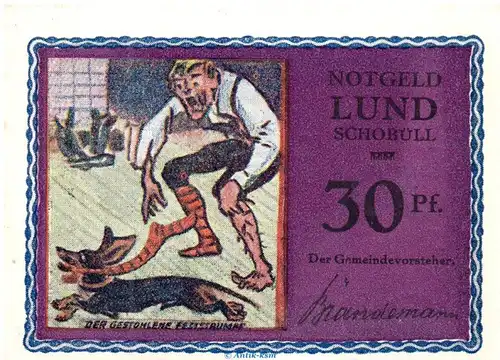 Notgeld Gemeinde Lund-Schobüll 844.2.b , 30 Pfennig Schein -violettrosa- in kfr. o.D. Schleswig Holstein Seriennotgeld