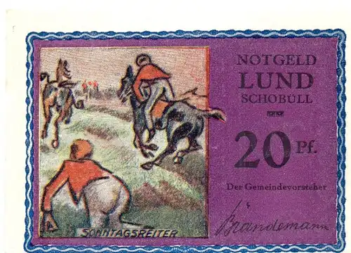 Notgeld Lund - Schobüll 844.2.b , 20 Pfennig Schein -violettrosa- in kfr. o.D.  Schleswig Holstein Seriennotgeld
