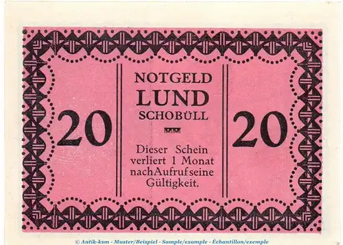 Notgeld Lund - Schobüll 844.2.b , 20 Pfennig Schein -violettrosa- in kfr. o.D.  Schleswig Holstein Seriennotgeld