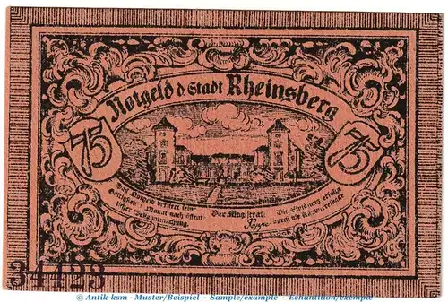 Notgeld Stadt Rheinsberg 1120.3.b , 75 Pfennig Schein -Fehldruck- in kfr. o.D. Brandenburg Seriennotgeld