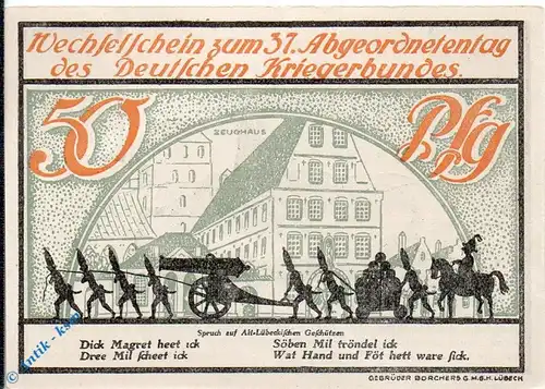 Notgeld Lübeck , 50 Pfennig Schein Nr. 2 , Mehl Grabowski 825.1 , von 1921 , Schleswig Holstein Seriennotgeld