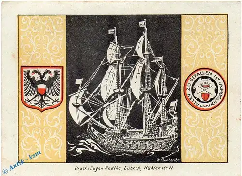 Notgeld Lübeck , Schiffergesellschaft , 50 Pfennig Schein Nr 2 kfr , mit Signatur , Mehl Grabowski 824.1 a , Schleswig Holstein Seriennotgeld