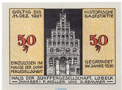 Notgeld Schiffergesellschaft Lübeck 824.1.b , 50 Pfennig Schein Nr.1 in kfr. o.D. Schleswig Holstein Seriennotgeld