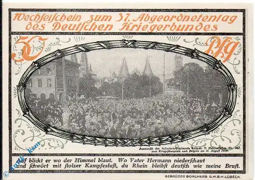Notgeld Lübeck , 50 Pfennig Schein Nr. 4 , Mehl Grabowski 825.1 , von 1921 , Schleswig Holstein Seriennotgeld