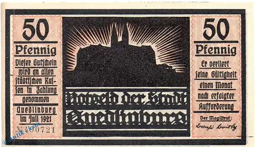 Notgeld Quedlinburg , 50 Pfennig Schein Nr 6 in kfr. orange , Mehl Grabowski 1087.4 , von 1921 , Sachsen Anhalt Seriennotgeld