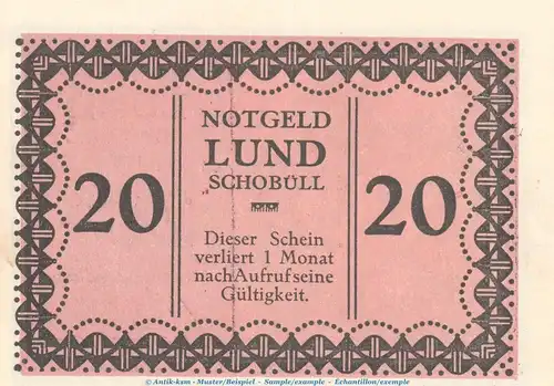 Notgeld Gemeinde Lund-Schobüll 844.1.b , 20 Pfennig -altrosa- in kfr. o.D. Schleswig Holstein Seriennotgeld