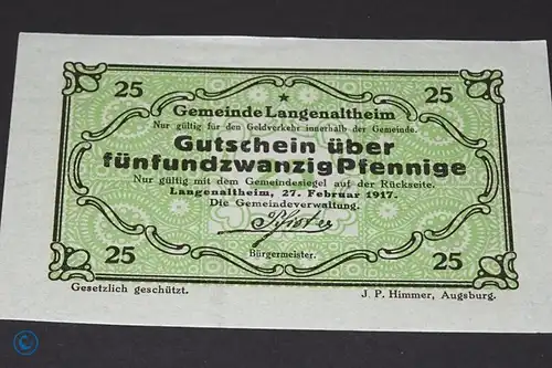Notgeld Langenaltheim , 25 Pfennig Schein , Mehl Grabowski 766.3 a , von 1917 , Bayern Seriennotgeld