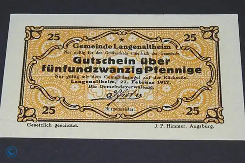 Langenaltheim , Notgeld 25 Pfennig Schein in kfr. M-G 766.4.a , Bayern 1917 Seriennotgeld
